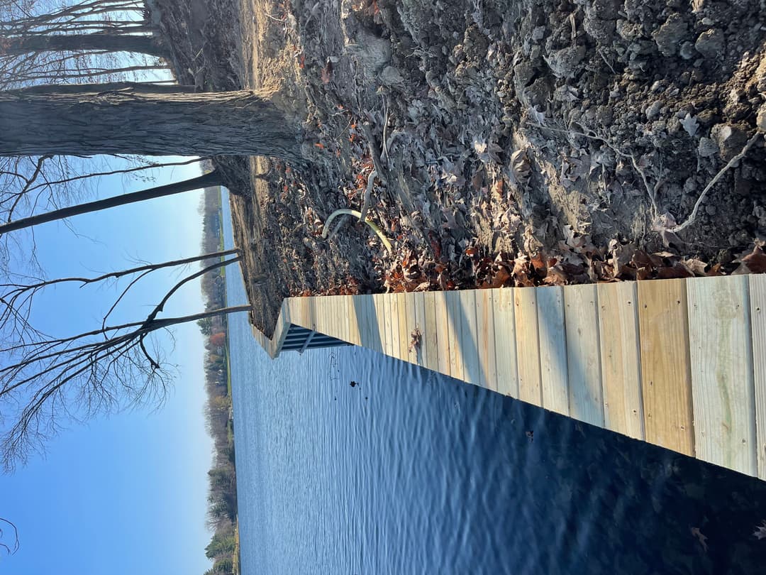 Wooden dock extending over calm water, framed by barren trees and a clear blue sky.