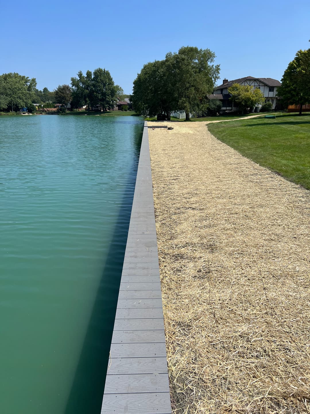 Lakeside view featuring a wooden dock and sandy shore under clear blue sky.